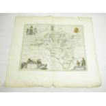 C17th map of Radnor-shire circa 1645 by Bleau, later coloured, unframed, 66.5cm x 56.5cm