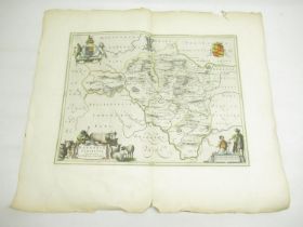 C17th map of Radnor-shire circa 1645 by Bleau, later coloured, unframed, 66.5cm x 56.5cm