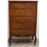 Rococo Revival kingwood and rosewood chest, top and five drawers inlaid with foliage, on angular