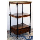 William 1V rosewood what-not, three tiers with pierced brass galleried top, on lotus carved supports
