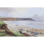 Don Micklethwaite (British 1936-); Filey Bay, watercolour hieghtened with white, signed in pencil,