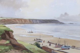 Don Micklethwaite (British 1936-); Filey Bay, watercolour hieghtened with white, signed in pencil,