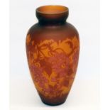Galle style cameo glass vase, tapering body decorated with profuse trailing red and pink foliage