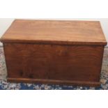 Victorian elm rectangular blanket box, with hinged lid, interior candle box and metal carry handles,