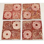 **WITHDRAWN** Set of four William De Morgan Rose and Scroll pattern square tiles, painted in ruby