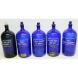 Five Apothecary or Chemists blue glass bottles, titled in white Mist.Mag.Trisil, Liq.Pro.Mist.Pot.