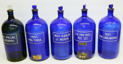 Five Apothecary or Chemists blue glass bottles, titled in white Mist.Mag.Trisil, Liq.Pro.Mist.Pot.
