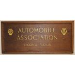 C20th oak rectangular sign board, gilt lettered 'Automobile Association Second Floor' between two AA