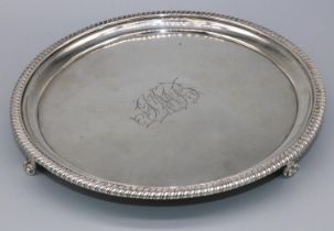 George 111 hallmarked silver circular salver centre engraved with initials in raised gadrooned