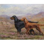 Elizabeth Kitson (British C20th); Gordon & Red Setters in a moorland landscape, oil on canvas,