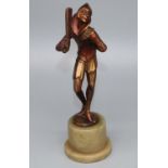 C20th patinated bronze model of a dancing Pierrot figure with a fan, on green onyx socle, H21cm