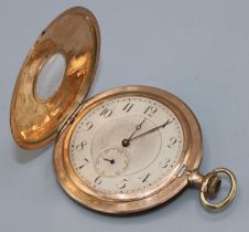 Swiss - 9ct rose gold slimline half hunter pocket watch, stepped silvered Arabic dial with outer