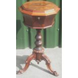 Victorian rosewood tripod teapoy, decagonal hinged top with two caddies bowls, on vase turned column