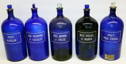 Five Apothecary or Chemists blue glass bottles, titled in white Mist.Mag.Trisil, Mist.Ipecac.Et