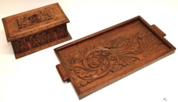 Early C20th oak box, with arcade and oak leaf carved sides, hinged lid with relief carved floral