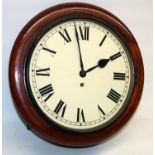C19th mahogany wall clock, 12in circular white Roman dial with brass bezel, single fusee movement