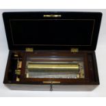 C19th Swiss cylinder musical box, with 27.5cm brass cylinder and 67 tooth steel comb, handle stamped