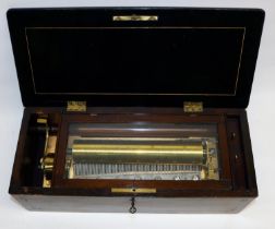 C19th Swiss cylinder musical box, with 27.5cm brass cylinder and 67 tooth steel comb, handle stamped