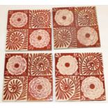 ** WITHDRAWN** Set of four William De Morgan Rose and Scroll pattern square tiles, painted in ruby