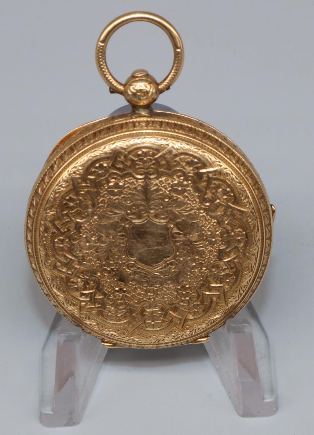 18ct gold hallmarked open faced key wound fob watch, floral and engine turned Roman dial, movement - Image 2 of 2