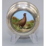 C20th hallmarked silver circular table snuff box, cover painted with a study of a Grouse in a