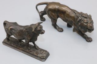 Small patinated bronze model of a standing bull on naturalistic rectangular base, indistinctly