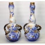 Pair of large late C19th/early C20th George Jones double gourd shaped twin handled vases, flow