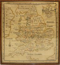 Early C19th coloured silkwork map of England and Wales by Mary Rees, aged 7 years Carmarthen,