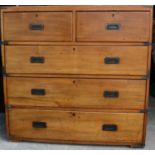 C19th brass bound mahogany two part campaign chest of two short and three long drawers with recessed