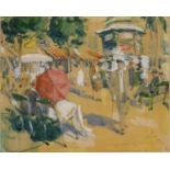 French School (C20th); Busy French street scene with seated and other figures, watercolour