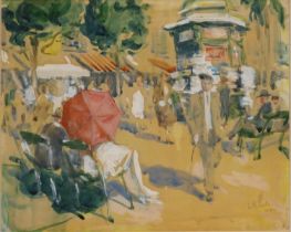 French School (C20th); Busy French street scene with seated and other figures, watercolour