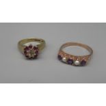 9ct yellow gold diamond and ruby cluster ring, size K, and a 9ct rose gold ring set with pearls