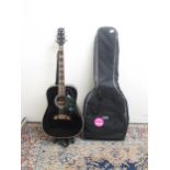 Kimbara model no. 191/A, made in Korea, 6 string acoustic guitar with black guitar strap, black