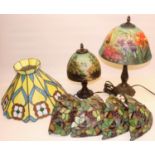 Two Art Nouveau style table lamps with painted glass shades H54cm & H34cm, Liberty style centre