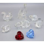 Swarovski Crystal glass ornaments: cheetah; polar bear; pig; squirrel; beaver; swan; red heart; blue