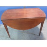 C19th inlaid mahogany Pembroke table, oval fall leaf top with two end drawers, on square tapered