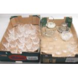 Assorted collection of glassware, inc. glasses, large bowl, silver plate lidded jar, etc. (2 boxes)