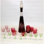 Four Victorian cranberry custard glasses, similar wine glass and later lead crystal glassware (3)