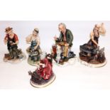 Capodimonte figure groups, comprising a blacksmith H26cm, cobbler H26cm, woman with spinning