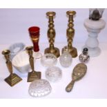 Three jelly moulds, incl. a glass mould with fouled anchor; scent bottle with silver overlay, H11.