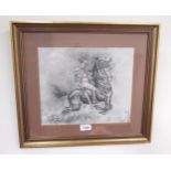 Monochrome print of a galloping War Horse, possibly Bill The Bastard, 25cm x 30cm
