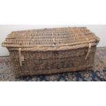 Large wicker laundry basket with hinged top and rope carry handles, W119cm D58cm H54cm