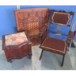 Folding Campaign style open arm chair, a Victorian step commode and a Tunbridge ware table top