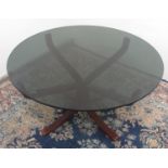 Mid-century Sigurd Resell style coffee table, circular smoked glass top on four shaped angular