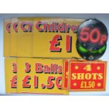 Collection of fairground signs incl. "Children £1" etc. 51 x 37.5cm max (10)