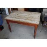 Victorian stripped pine rectangular kitchen table, scrubbed planked top on turned supports, W121cm
