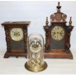 H.A.C. C20th mahogany and stained pine mantle clock, moulded case with full length glazed and carved