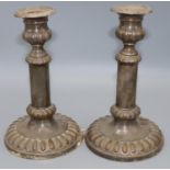 Pair of Sheffield plate telescopic candle sticks on circular gadrooned bases, maximum H25cm