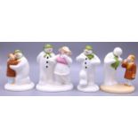 Coalport The Snowman figures: The Bashful Blush; Magical Moment; Hush! Don't Wake Them; and The