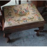 Queen Anne style walnut rectangular stool, drop in woolwork top on shell carved cabriole legs with